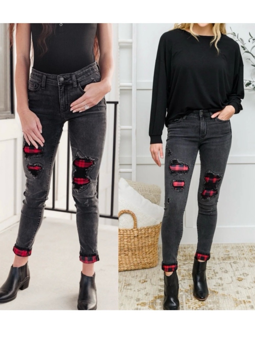 Judy Blue Buffalo Plaid Peek-A-Boo High Rise Skinny Jeans Charcoal Grey Black